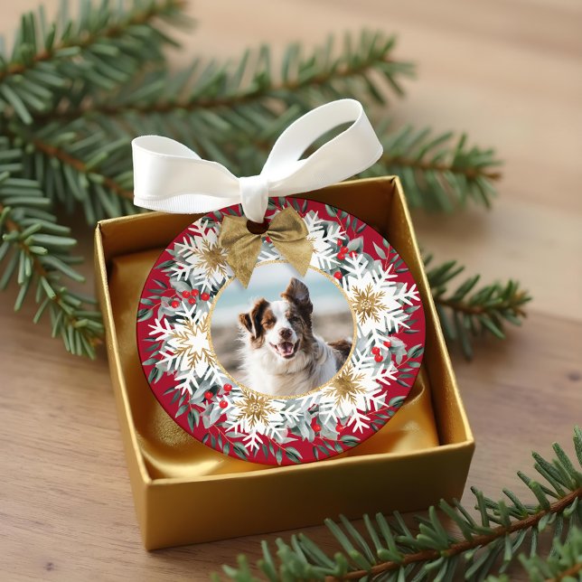 Ornamento Duas Fotografias Natal Festivo Floco de Neve Frio  (Two Photo Christmas Festive Snowflake Red Wreath Ornament)