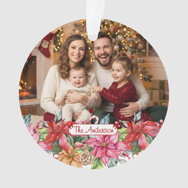 Ornamento Elegant Poinsettia Floral Border Custom Photos (Frente)