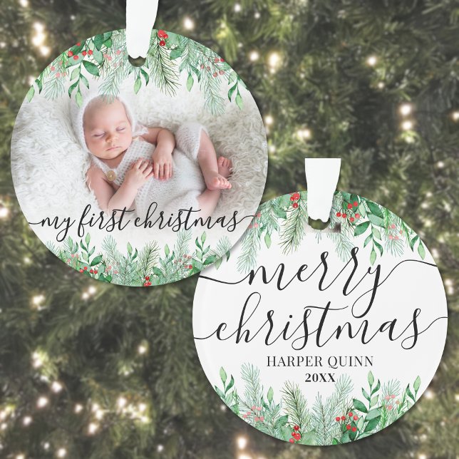 Ornamento Elegante Greenery Baby Foto Primeiro Natal (Elegant Greenery Baby Photo First Christmas Ornament )