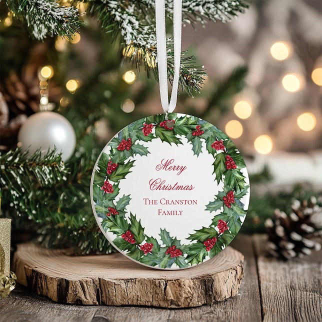 Ornamento Elegante Holly Berries Wreath Feliz Foto de Natal (Elegant Holly and Berries Wreath Merry Christmas Photo Ornament)
