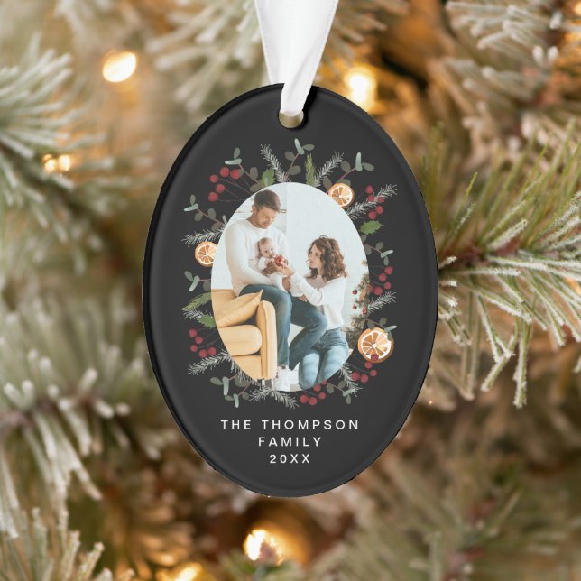 Ornamento Elegante Natal Botânico Preto Vermelho Holly Foto (Árvore)