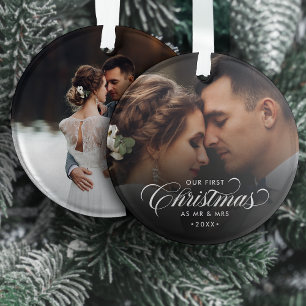 Ornamento Elegante Nosso Primeiro Natal Como Sr. e Sra. 2-Fo