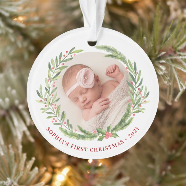 Ornamento Elegante Wreath First Christmas Photo White (Árvore)