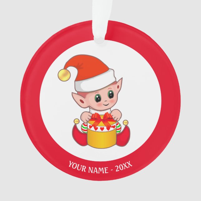 Ornamento Elf de Natal bonito, nome personalizado em Vermelh (Frente)