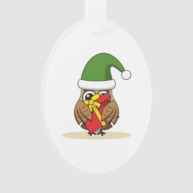 Ornamento Elf Owl de Natal com Presente (Frente)
