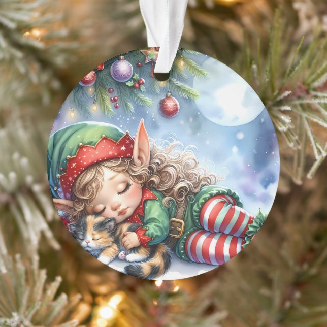 Ornamento Elfo de Natal Adormecido com Gatinho Calico (Árvore)
