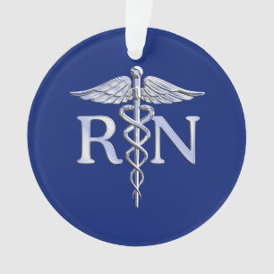 Ornamento Enfermeira Registrada RN Silver Caduceus em Azul M
