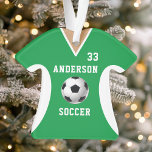 Ornamento Equipe Esportiva Uniforme de Futebol Jersey Green<br><div class="desc">Equipe Esportiva de Futebol Jersey Uniforme Ornament Verde. Este ornamento de camisa de futebol é perfeito para qualquer um que pratica esportes escolares ou ama assistir esportes. Personalize este design personalizado com o seu próprio nome de equipe e número de camisa.</div>