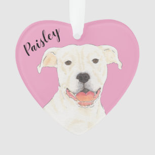 Ornamento Escada de Pitbull Branco de Coração Rosa Personali