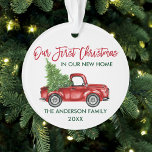 Ornamento Escoteiro de Pincel Primeiro Natal Novo Caminhão-d<br><div class="desc">Escrita de Pincel Moderna Nosso Primeiro Natal em nosso Novo Ornamento Doméstico inclui Watercolor Vintage Red Truck com Árvore de Natal</div>