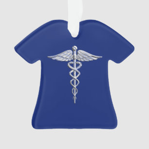 Ornamento Estilo Cromo Símbolo Médico de Caduceus no Azul 