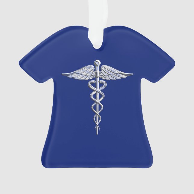 Ornamento Estilo Cromo Símbolo Médico de Caduceus no Azul Ma (Frente)