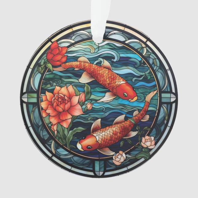 Ornamento Estilo de Vidro Asiático Koi Fish e Camellias (Frente)
