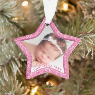 Ornamento Estrela de Foto de Primeiro Natal de Bebê Rosa Bon