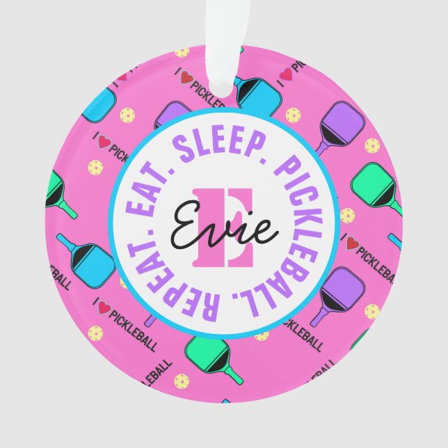 Ornamento Eu adoro Pickleball rosa, com nome, inicial, texto (Frente)