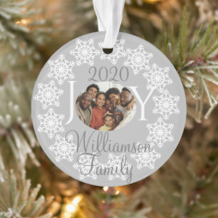 Ornamento Família JOY Foto Silver Cinzas Brancos Flocos de N