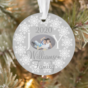Ornamento Família JOY Foto Silver Cinzas Brancos Flocos de N