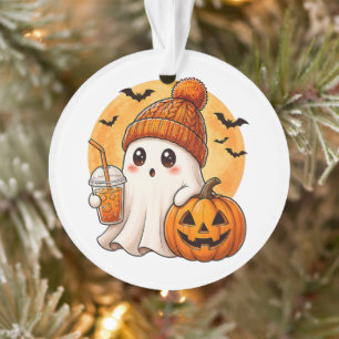 Ornamento Fantasma Bebendo Café Gelado com Abóbora de Hallow