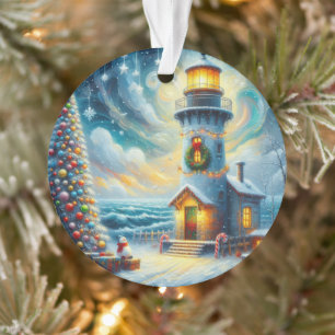 Ornamento Farol de Árvore de Natal Azul Costeiro Náutico