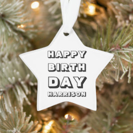Ornamento Feliz Aniversário preto branco nome personalizado