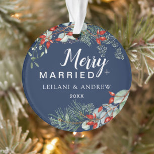 Ornamento Feliz casada Holly Greenery Marinho de Natal