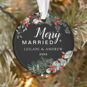 Ornamento Feliz casada Holly Greenery Natal Negro
