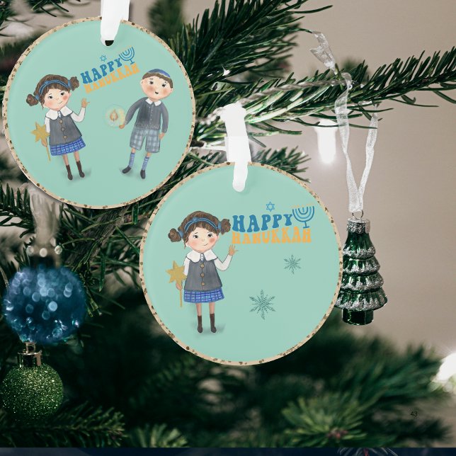 Ornamento Feliz Casal Judeu Feliz Chanucá Teal (Cute Jewish Couple Happy Hanukkah Teal Ornament)