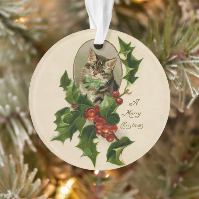Ornamento Feliz de Natal Holly Kitten Arte Antiquada (Árvore)