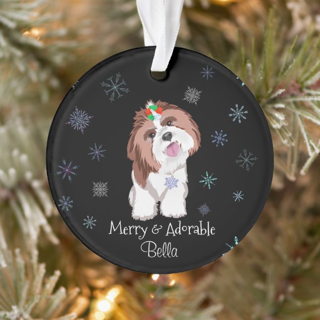 Ornamento Feliz e Snowflake Tzu Adorável com Nome de Cão (Árvore)