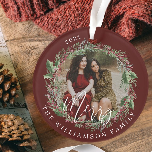 Ornamento Feliz Elegante Aquarela Festiva Fresca Duas Fotogr (Merry Elegant Festive Watercolor Wreath Two Photo Ornament)