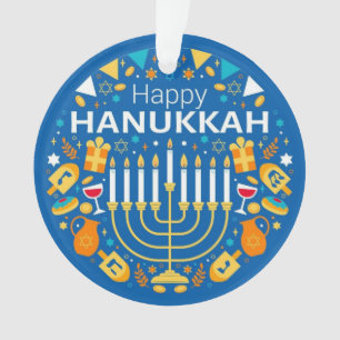 Ornamento Feliz Menorá de Hanukkah e Dreidel Azul