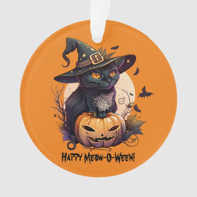 Ornamento "Feliz Meow-O-Ween" Gato Preto e Jack-o-Lanterna (Frente)