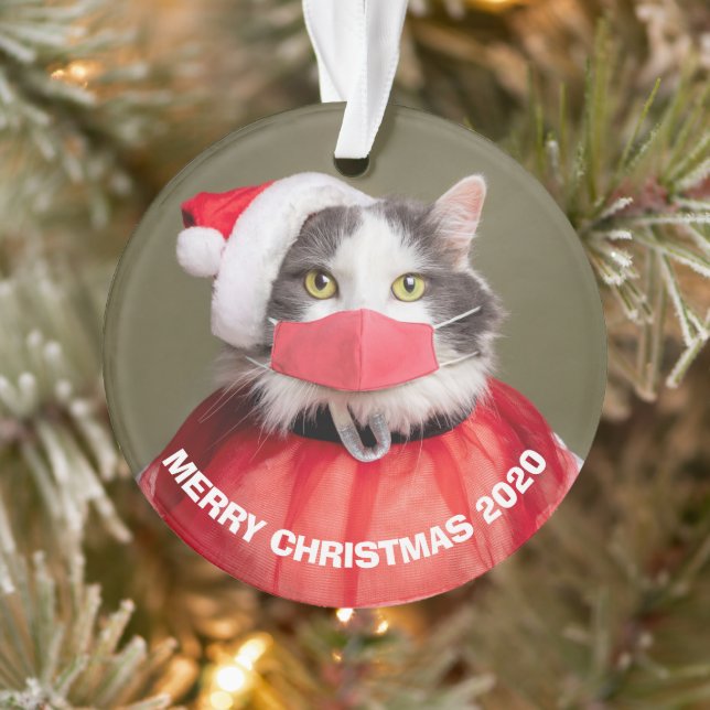 Ornamento Feliz Natal 2020 Gato na Máscara de Papai Noel (Árvore)