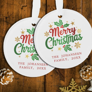 Ornamento Feliz Natal Berry Dourado Stars Snowflakes Família