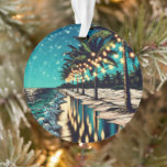 Ornamento Feliz Natal dos Pássaros Neves dos Eua<br><div class="desc">Arte bonito e romântica costeira de Ai,  que representa uma fila de palmeiras com luzes brancas iluminadas sobre elas. Uma bonito reflexão sobre a praia e as ondas arenosas.</div>