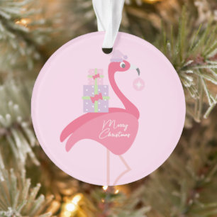 Ornamento Feliz Natal Flamingo Rosa Pastel Roxo