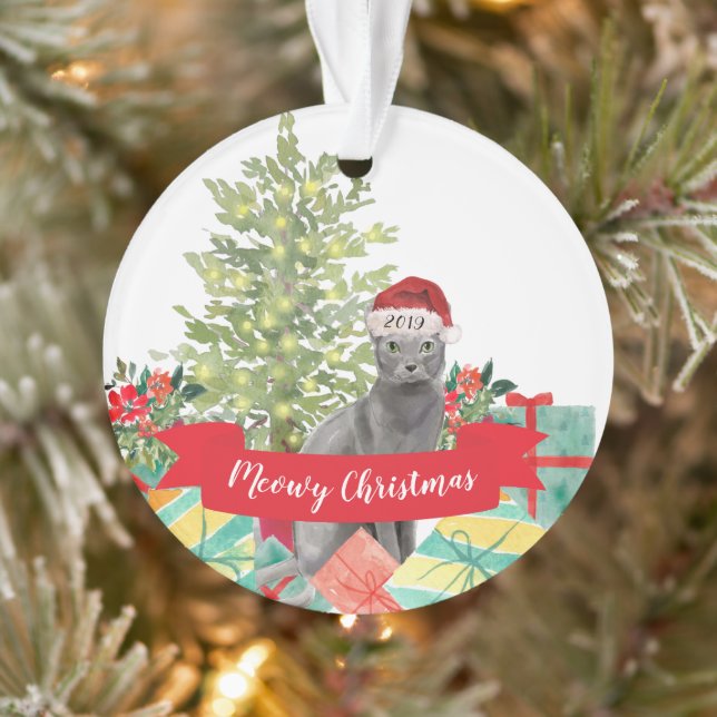 Ornamento Feliz Natal Gato Azul Russo (Árvore)