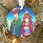 Ornamento Feliz Natal para Casal de Animação<br><div class="desc">Bela anime e garota casal romântica de natal,  arte de Natal,  tudo o que eu quero para o Natal é você citar.</div>