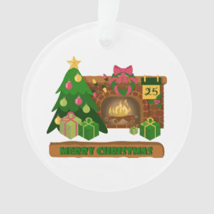 Ornamento Feliz Natal perto da árvore de Natal de lareira bo