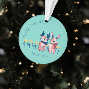 Ornamento Feliz Natal – Rena e Coelho em Azul Turquesa