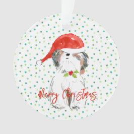 Ornamento Feliz Natal Shi Tzu Cão Festivo Santa Hat Holly