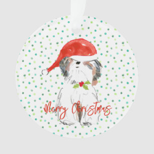 Ornamento Feliz Natal Shi Tzu Cão Festivo Santa Hat Holly
