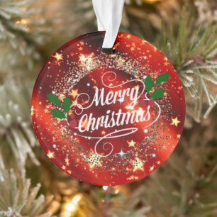 Ornamento Feliz Natal, Vermelho Estimulante e Dourado,