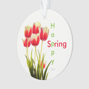 Ornamento Feliz Tulipas Vermelhas de Primavera com Data Keep