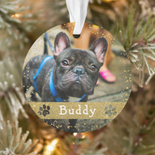 Ornamento Feliz Woofmas Dourada Foto de Pet de Cachorro Glit