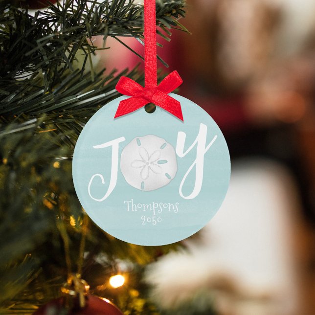 Ornamento Feriado de Natal - Costela de Turquesa de Praia El (Simple JOY sand dollar turquoise blue Christmas Photo Ornament. )