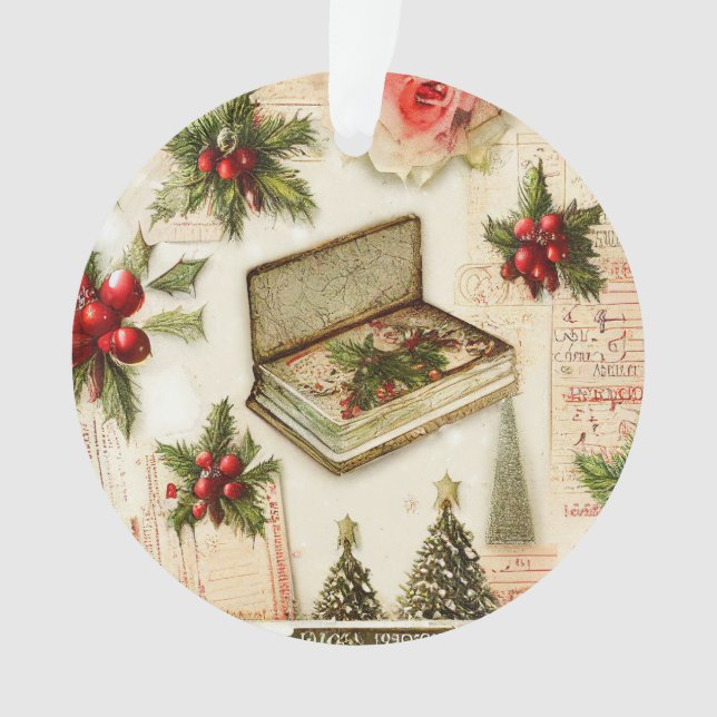 Ornamento Feriado de Natal Holly Verde Vermelhos Retroativo (Frente)