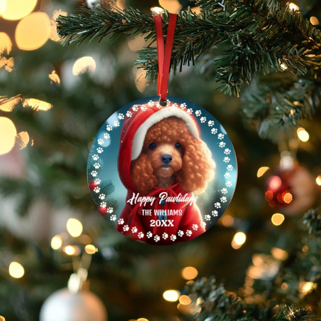 Ornamento Feriado Feliz de Natal Feliz, 2 Lados, Foto 2 (Cute Chirstmas pet dog poodle photo ornament)