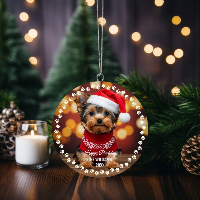 Ornamento Feriado Feliz de Natal Feliz, 2 Lados, Foto 2 (Cute Christmas Pet Dog Yorkshire Terrier Photo Ornament)