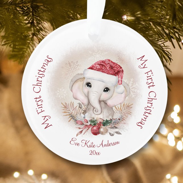 Ornamento Filha de Elefante Cuja Primeira Rapariga de Natal  (Cute Elephant Baby First Christmas Girl Acrylic Ornament)